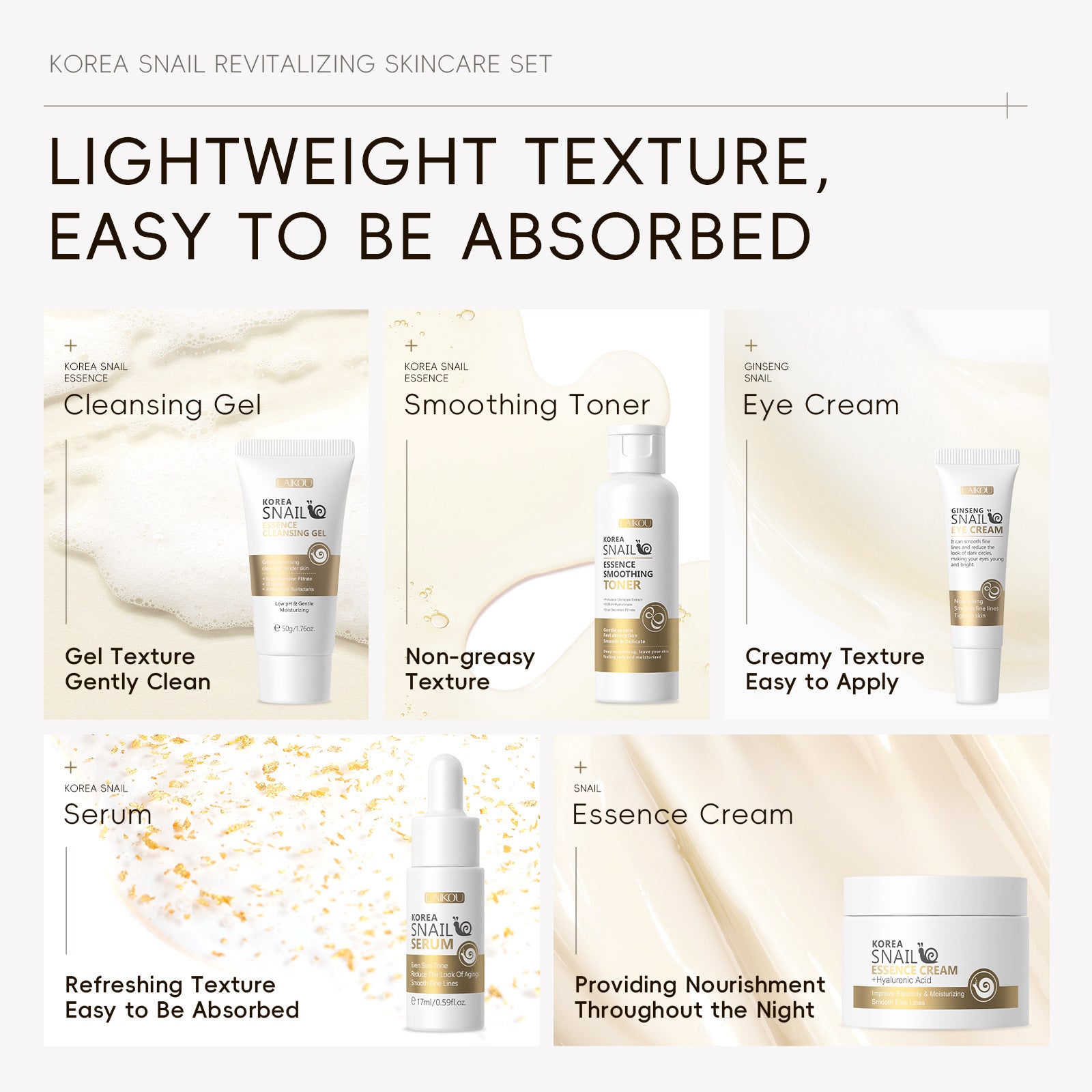 Set de Cuidado Facial LAIKOU: 5 Piezas de Crema de Caracol para Iluminar el Rostro