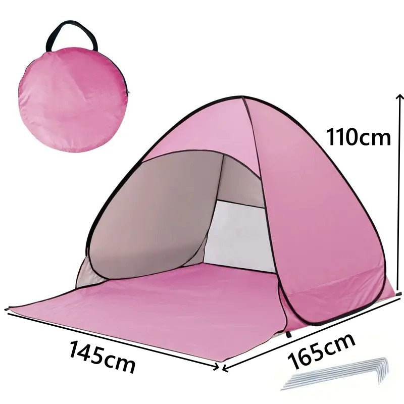 Carpa Plegable Impermeable y Resistente – Para Playa o Picnic en color rosa con medidas 145x165x110 cm, incluye estacas y bolso portátil.