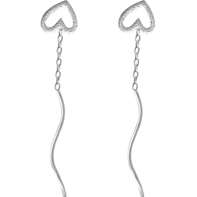 Aretes de Corazón en Plata Pura – Diseño Enhebrador cadena Colgante Estilo Juvenil