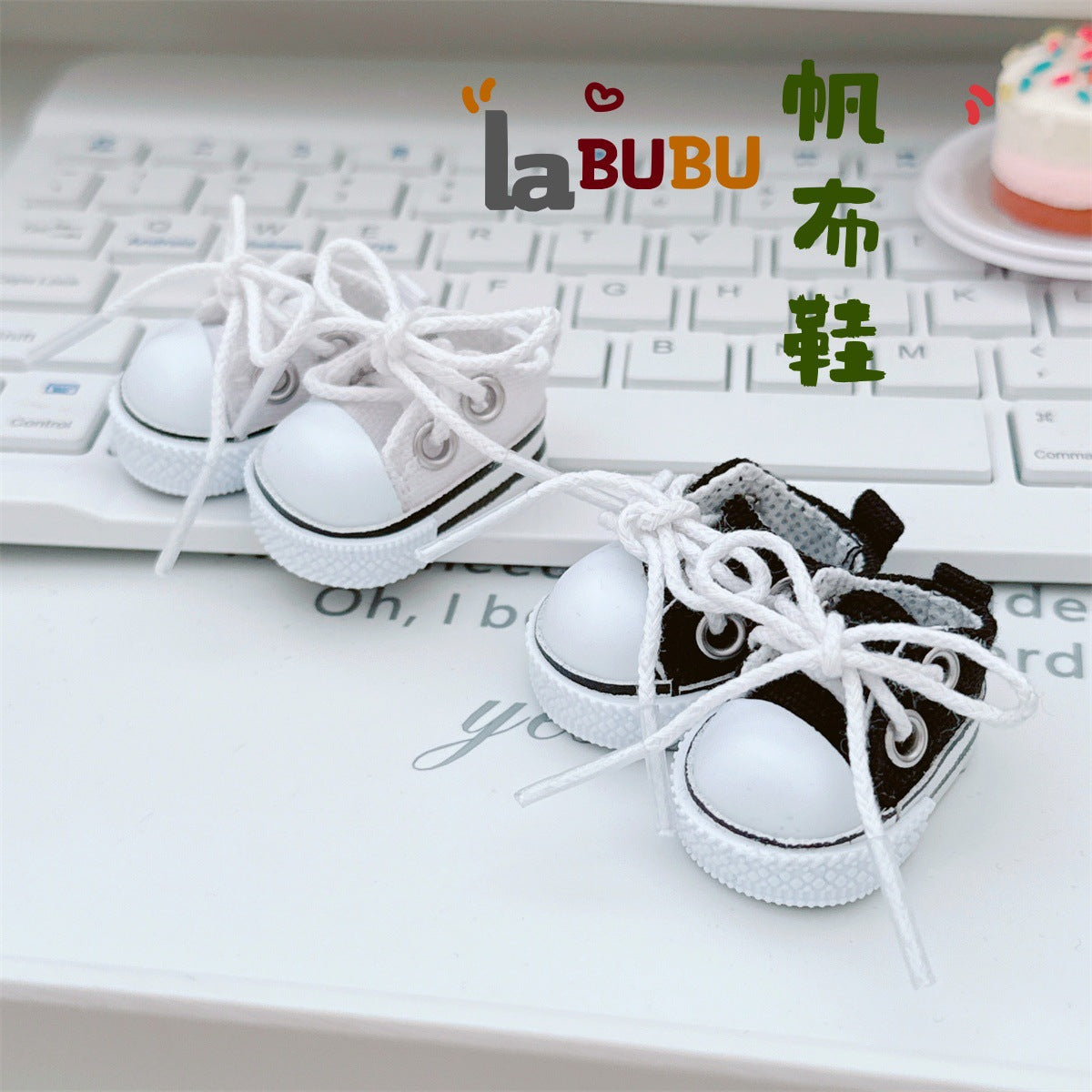 Zapatillas de lona para muñecas de 17 cm: Labubu, muñeca de algodón de 10 cm, color negro y blanco, con cordones