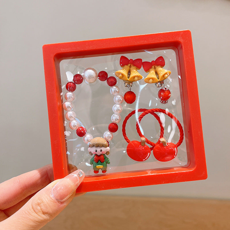 Conjunto Navideño para Niños | Pulseras, Pendientes y Coletas con Diseños de Reno y Santa Claus