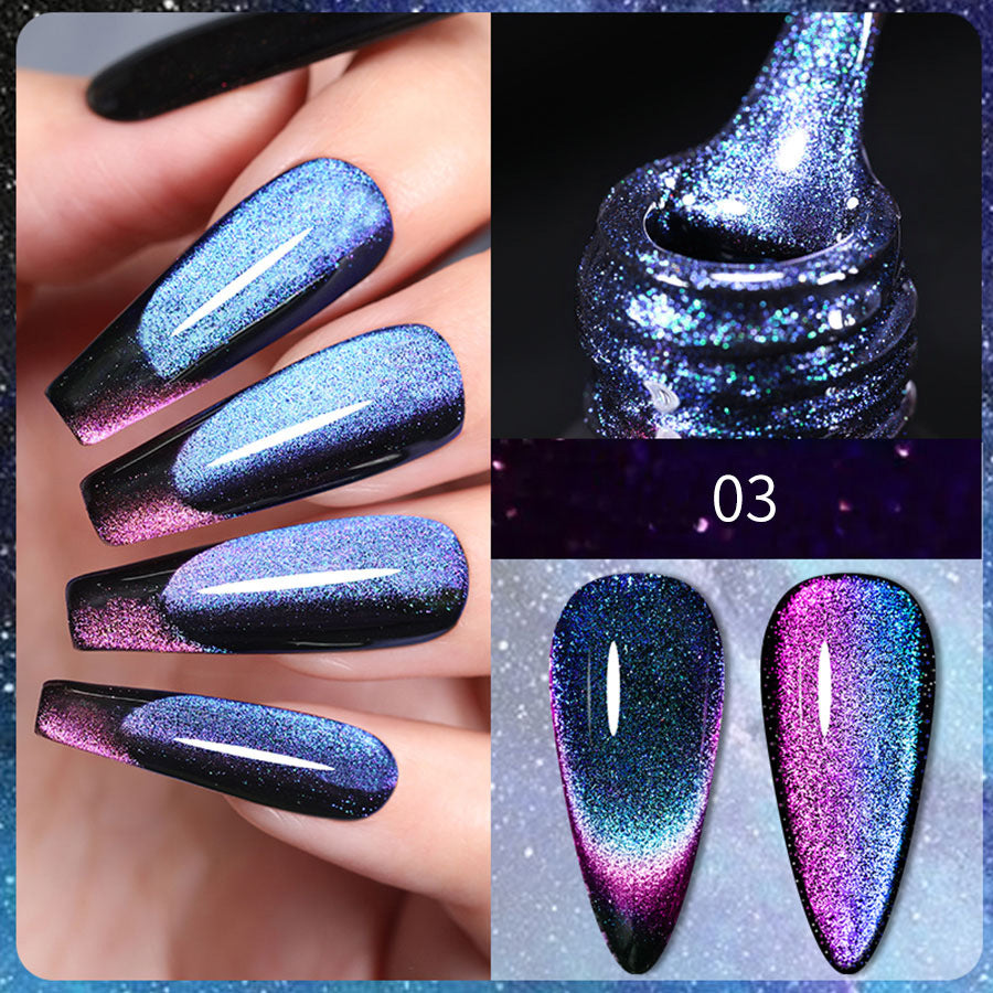 Esmalte de uñas gel duradero tono 03 con efecto magnético azul y rosa. Perfecto para manicura con brillo duradero.
