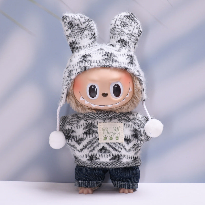 Ropa tejida gris con gorro de pompón para muñeca Labubu de 17cm. Diseño floral con pantalón, accesorio decorativo de moda.