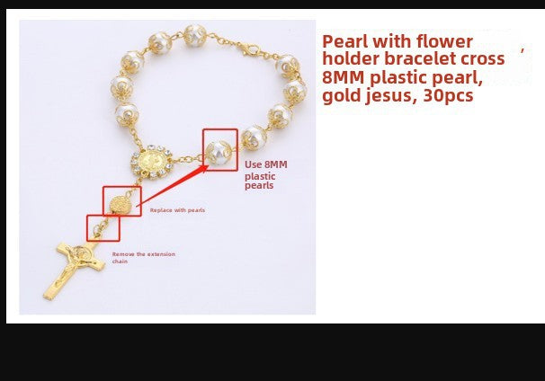 Pulsera de Perlas Sintéticas 10mm con Cruz – Joyeria Religiosa