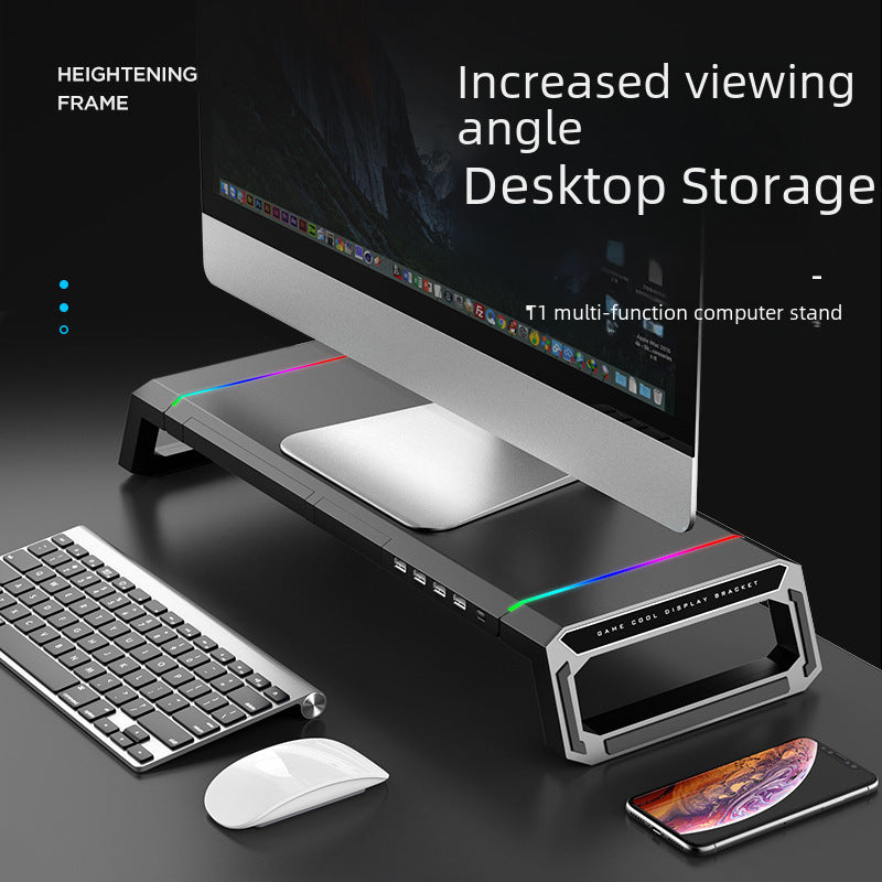 Soporte Elevador para Laptop Todo-en-Uno T1: Monitor Multifuncional, Mouse Pad RGB