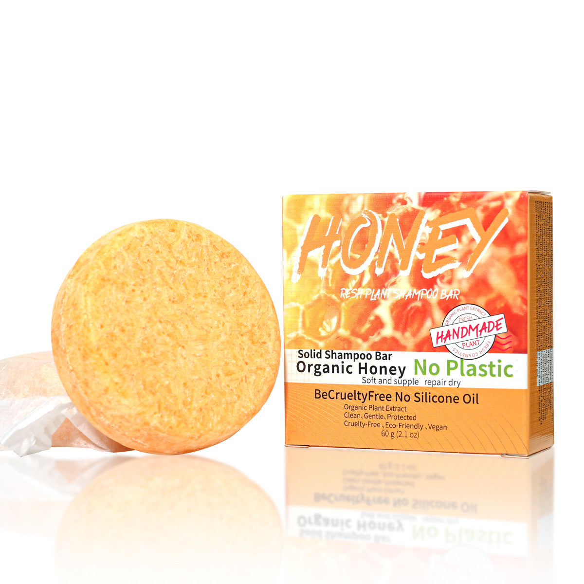 Jabón sólido de miel orgánica para cabello seco, repara y suaviza sin plástico ni crueldad animal, ideal para cuidado capilar nutritivo.