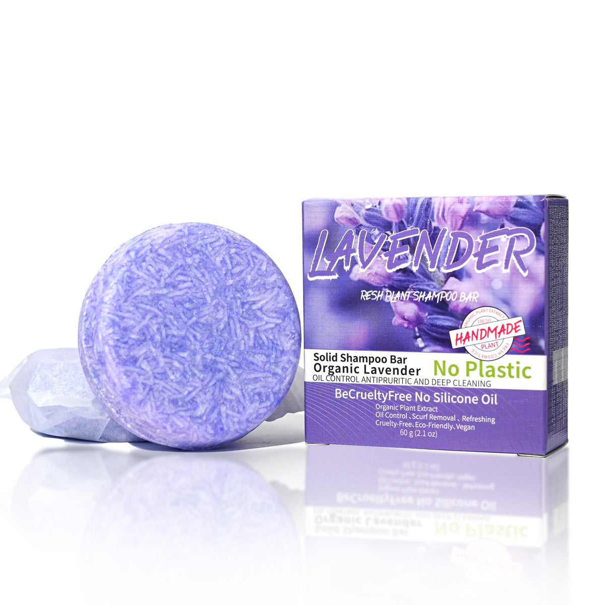 Jabón sólido de lavanda orgánica para cabello, limpieza profunda y control de grasa, sin silicona ni crueldad animal.