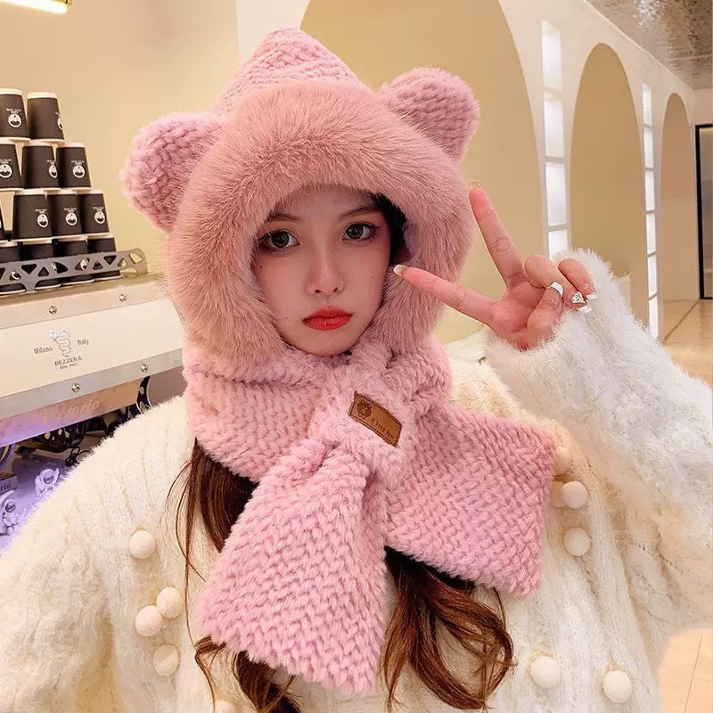 Gorro de Invierno con Orejas y Bufanda Integrada para Mujer Imitación Peluche