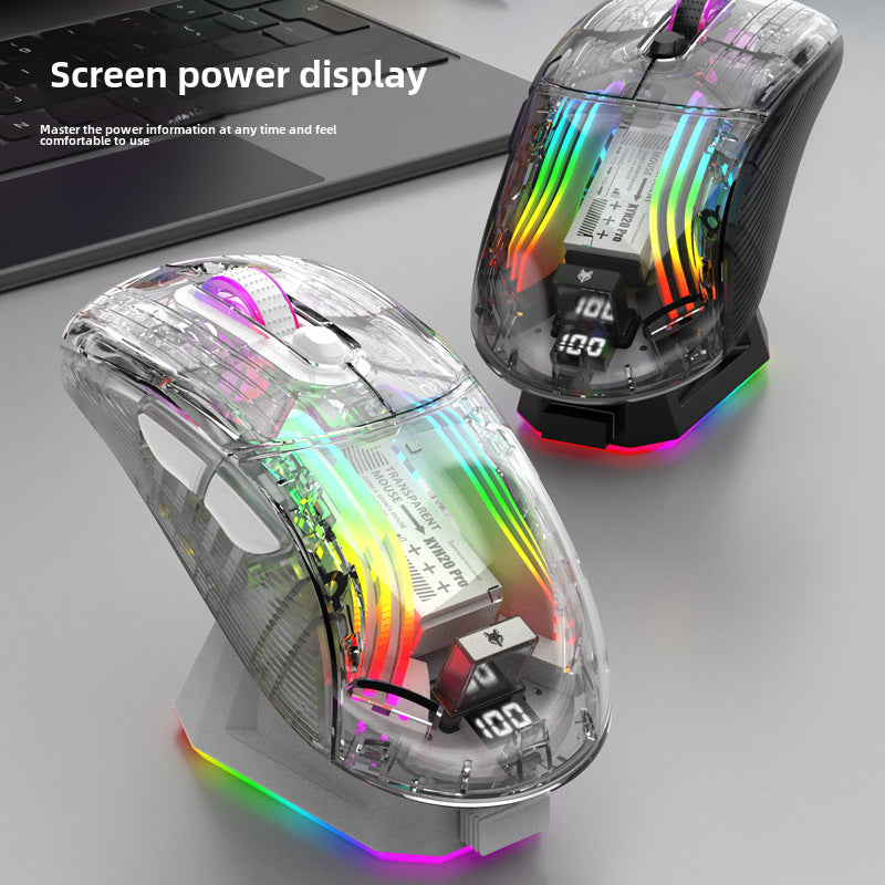 Raton Gaming Inalámbrico RGB XYH20 Pro: Mouse Bluetooth de Tres Modos con Pantalla y Base de Carga Transparente