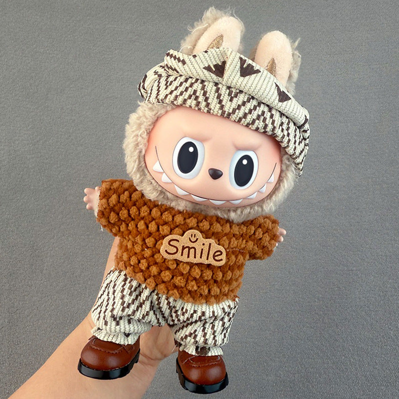Conjunto marrón con textura de peluche para muñeca Labubu de 17cm, accesorio vintage con diseño acogedor.