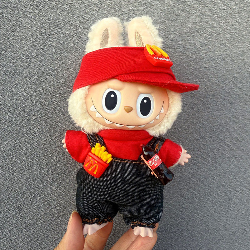 Traje rojo y negro con temática de comida rápida para muñeca Labubu de 17cm, accesorio retro divertido y coleccionable.