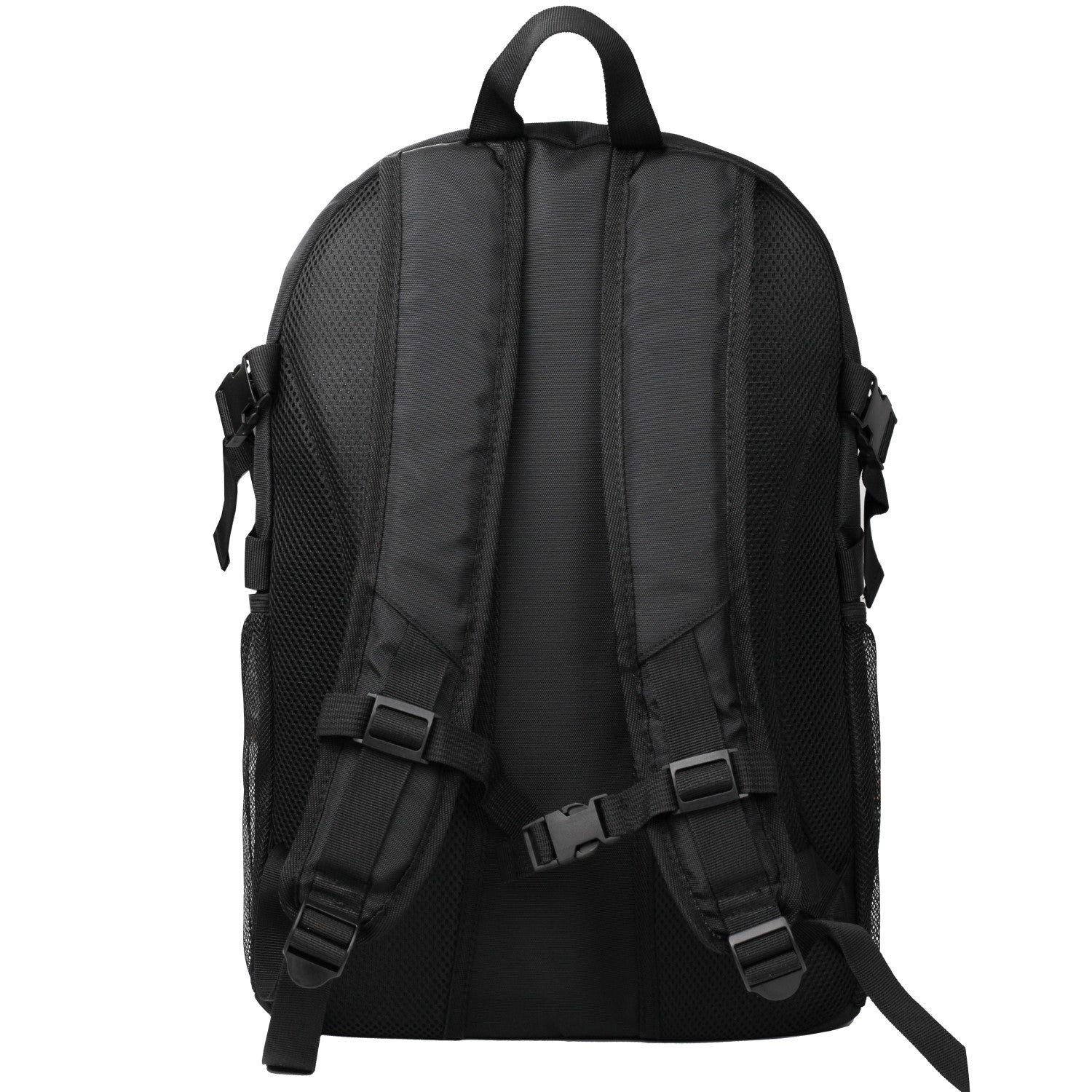 Vista trasera de mochila deportiva negra con correas acolchadas y ajustables. Comodidad para uso escolar o deportivo diario.