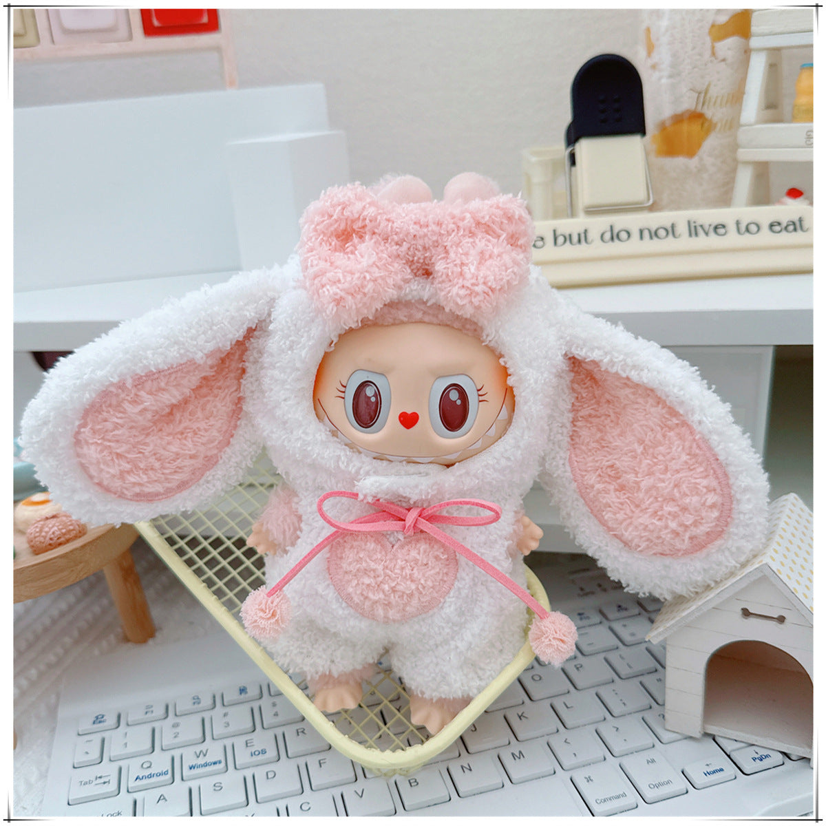 Conjunto de Ropa de Peluche Labubu de 17cm: Muñeco de Algodón de 10cm, Pijamas de 15cm de Ganso, Conejo y Oveja con Gorra