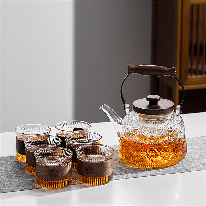 Tetera de vidrio con mango de nuez: hervidor de agua y juego de tazas de té, apto para calentar