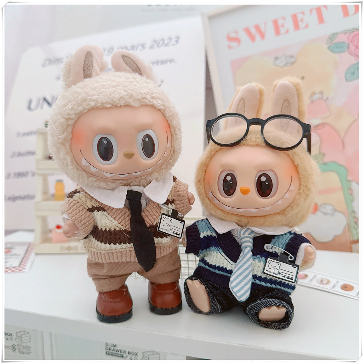 Muñeca de algodón de 10cm Labubu con uniforme de estudiante de 17cm: zapatillas de la familia Mickey