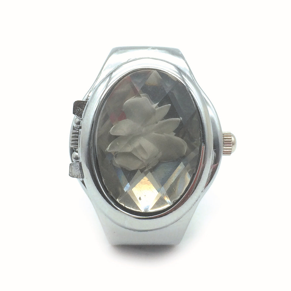 Reloj Anillo con Tapa Abatible y Cubierta Tipo Piedra en Forma de Flor