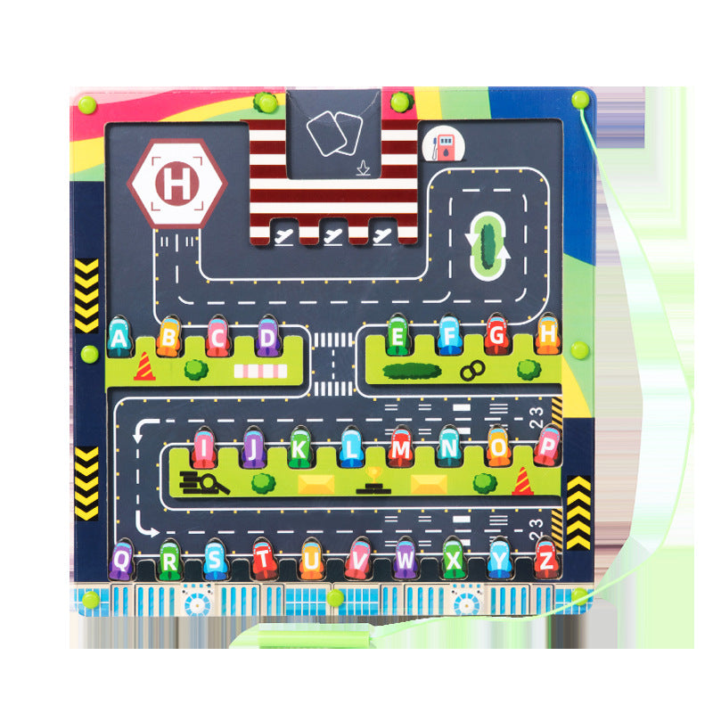 Tablero educativo magnético con letras del abecedario y diseño de pista de aviones