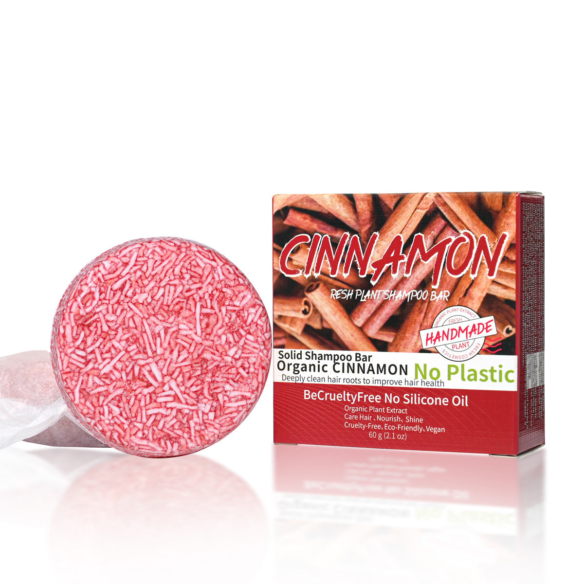 Jabón de canela artesanal para cabello limpio e hidratado, barra sólida vegana sin silicona, ideal para cuidado capilar natural y ecológico.