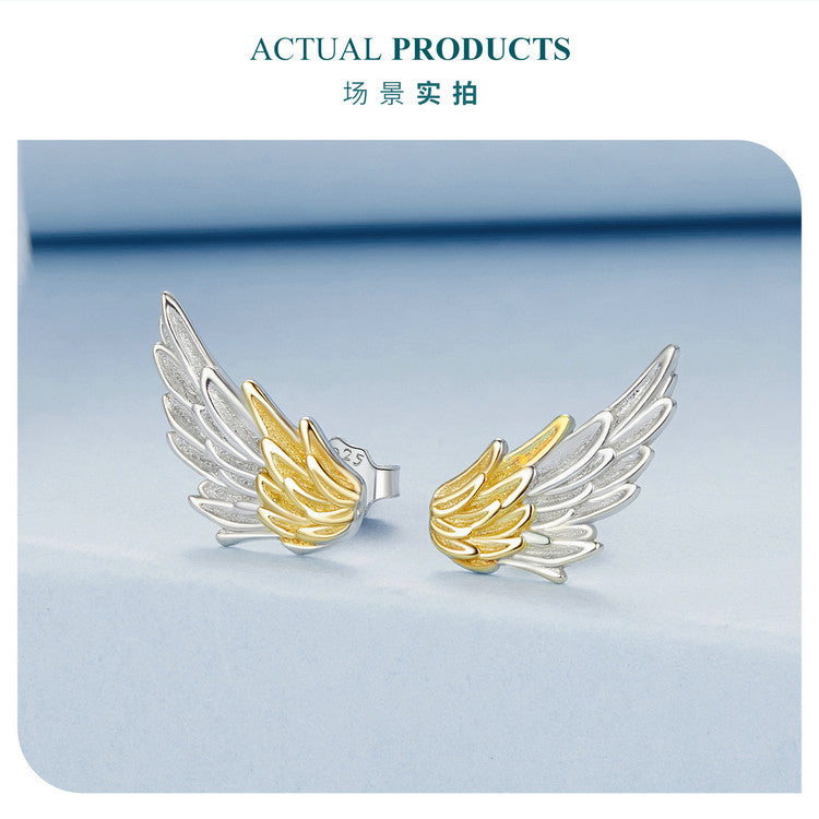 Pendientes Alas Chapadas en Plata 925: Aretes de Alas 3D Bicolor para Hombre y Mujer, Joyas de Plata Esterlina con Textura