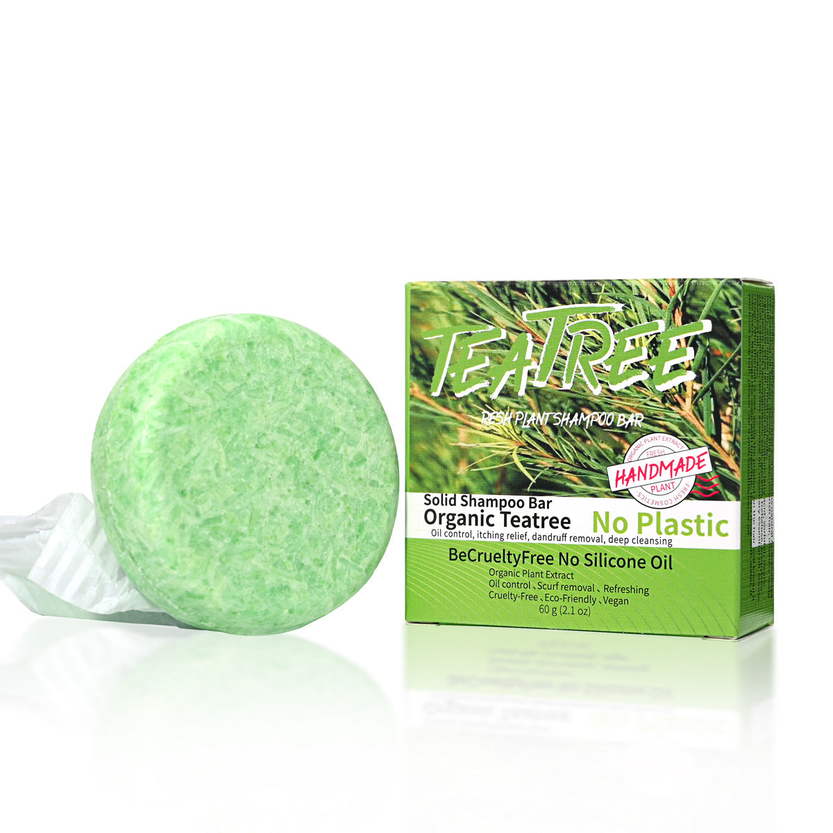 Jabón sólido de árbol de té para cabello, ideal para cuero cabelludo graso y limpieza profunda, sin silicona ni ingredientes dañinos.