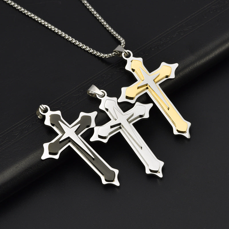 Cadena de Cruz moderna en Capas para Hombre – Acero Inoxidable con Cadena Larga