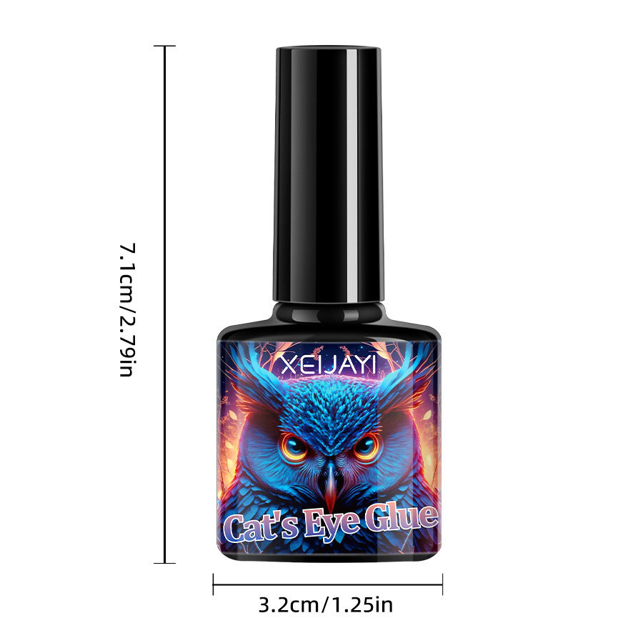Botella de esmalte de uñas gel duradero Cat's Eye Glue con diseño de búho. Producto compacto para manicura profesional.