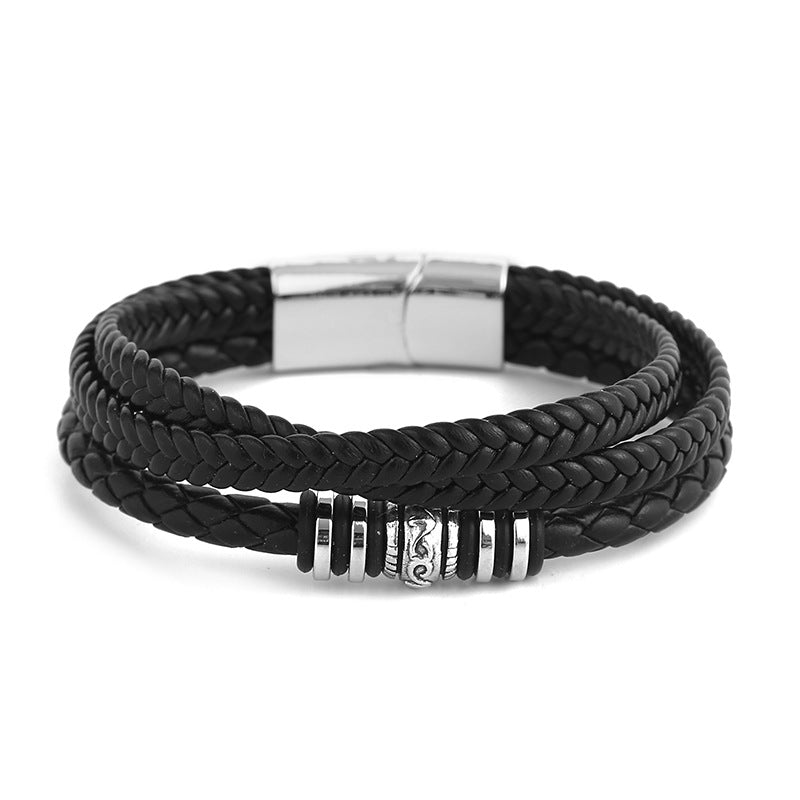 Pulsera de Cuero Trenzado Triple para Hombre – Dije Étnico y Cierre Magnético de Aleación