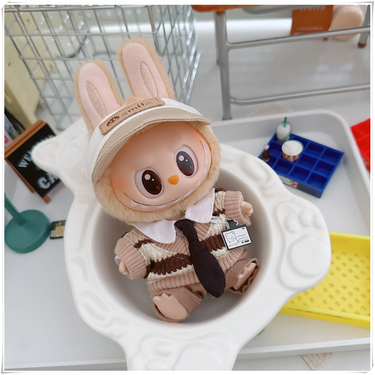 Muñeca de algodón de 10cm Labubu con uniforme de estudiante de 17cm: zapatillas de la familia Mickey
