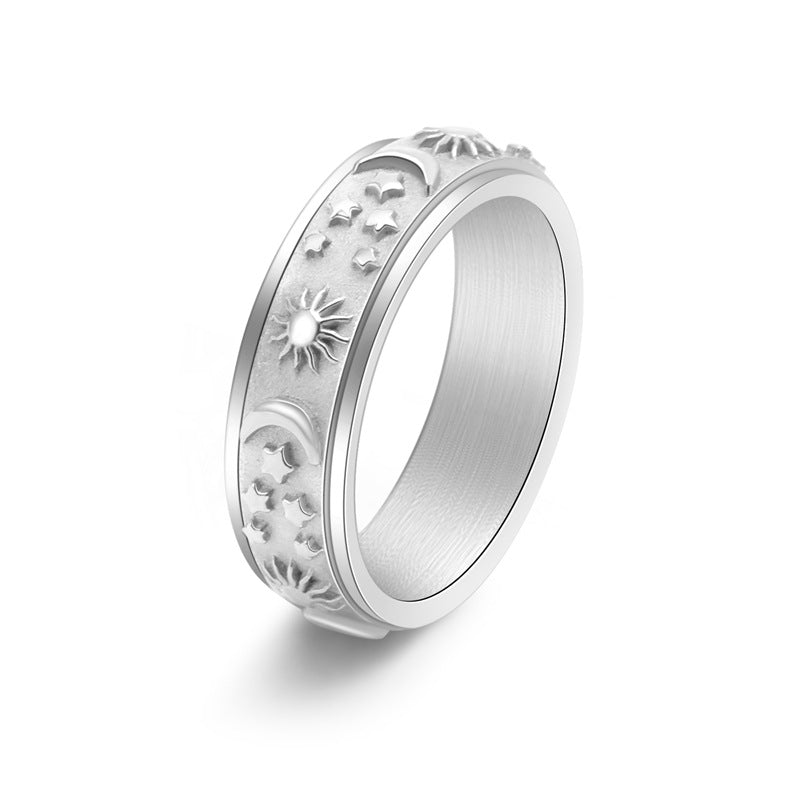 Anillo Antiestrés Grueso Unisex – Sol, Luna y Estrellas en Acero Inoxidable