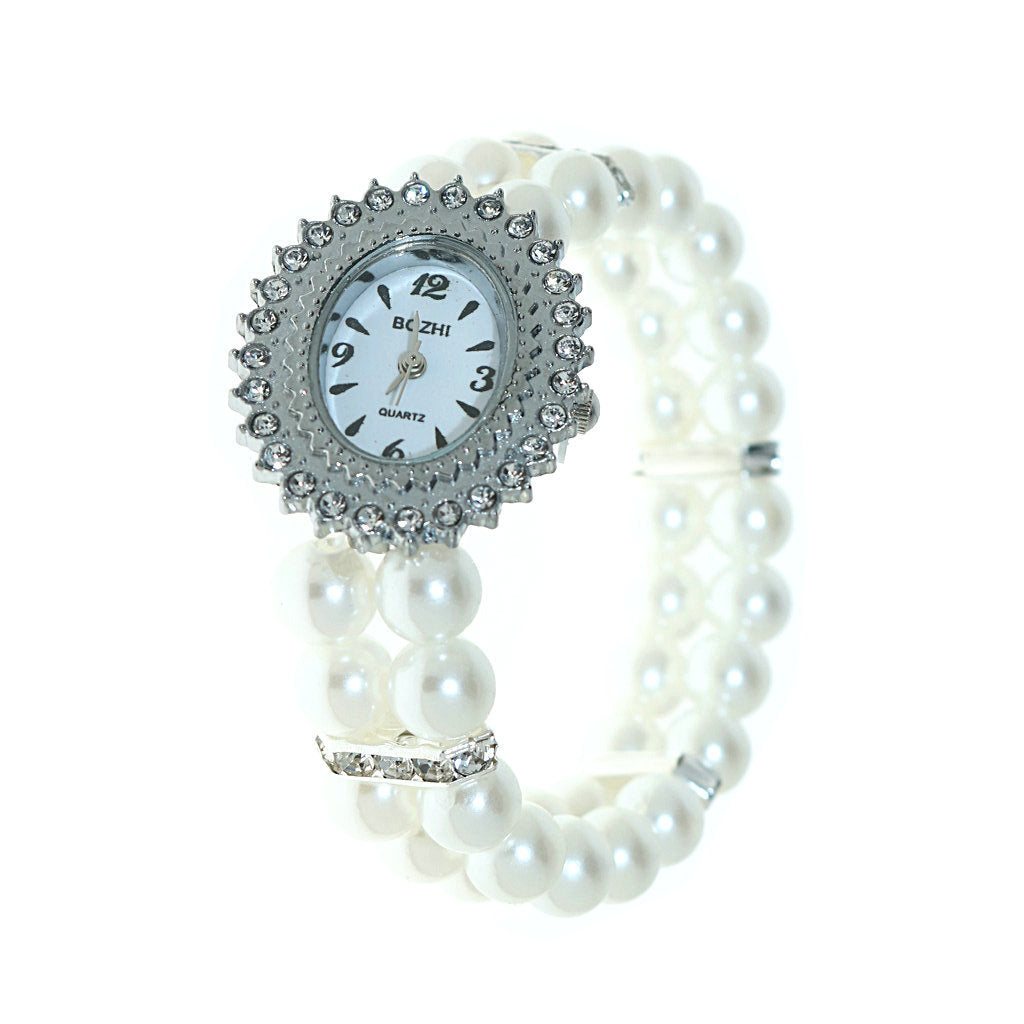 Reloj Femenino de Cuarzo con Pulsera Elástica de Perlas y Piedras Brillantes