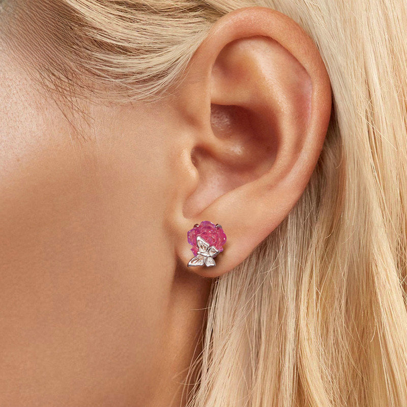 Aretes botón rosa con mariposa de plata 925 – Estilo Romántico