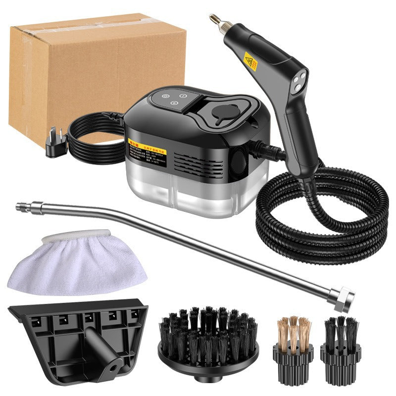 Limpiadora a Vapor Manual – Presión y Temperatura Alta negra con accesorios completos, ideal para eliminar grasa y suciedad en el hogar