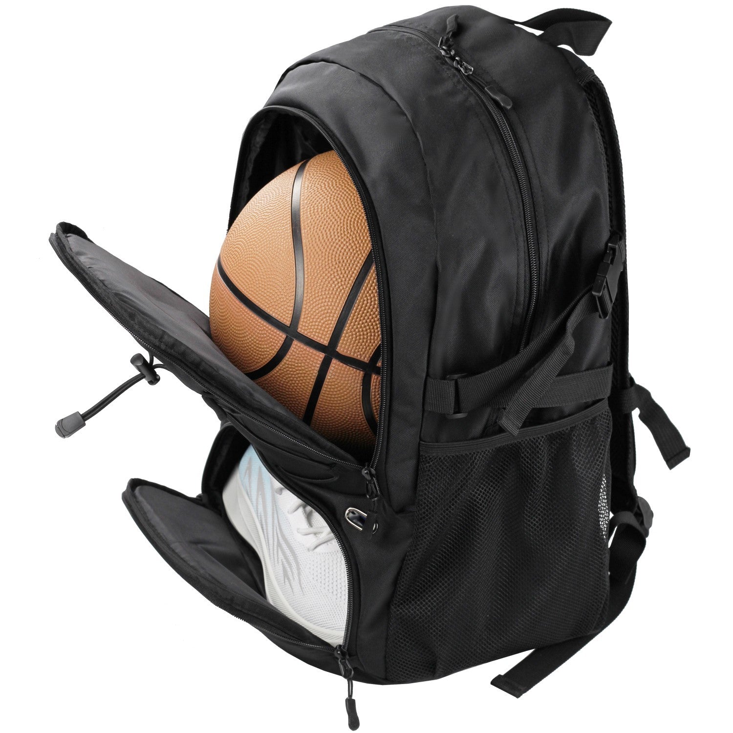 Mochila deportiva negra abierta mostrando compartimentos para balón y calzado. Práctica para fútbol, básquet o voleibol.