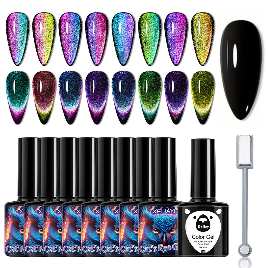 Set de esmaltes de uñas gel duradero con efecto ojo de gato y herramienta magnética. Colores brillantes para manicura de larga duración.