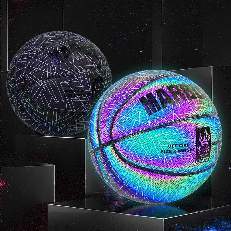 Balón de baloncesto fluorescente MARBURY iluminado en la oscuridad, con diseño reflectante para uso nocturno en exteriores.