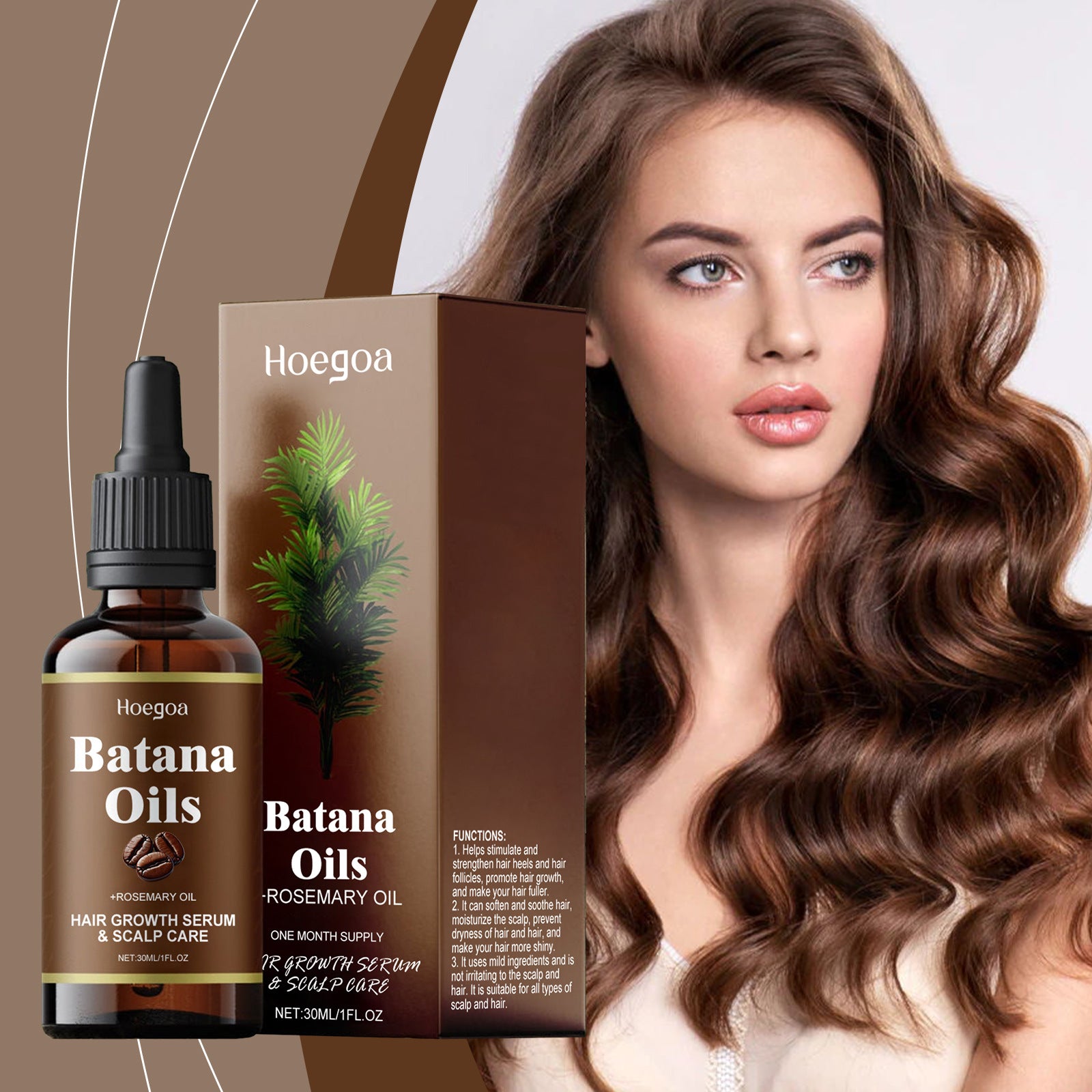 Aceite Capilar de Ricino, Romero y Café para Masaje en Cuero Cabelludo junto a modelo con cabello largo y brillante. Ideal para cuidado capilar natural.