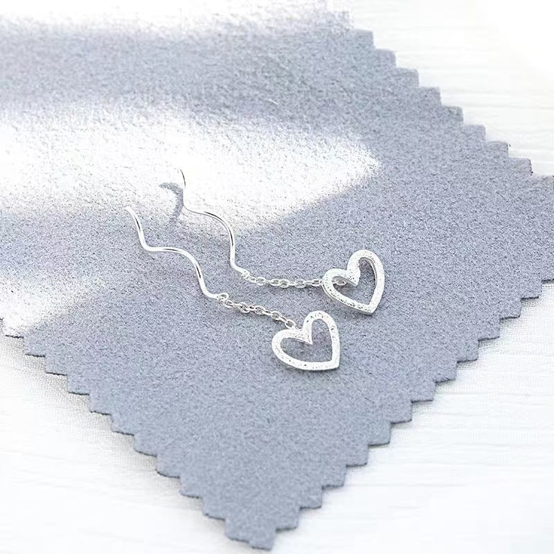 Aretes de Corazón en Plata Pura – Diseño Enhebrador cadena Colgante Estilo Juvenil