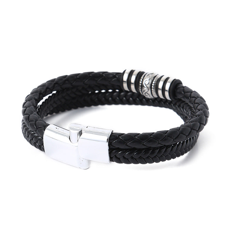 Pulsera de Cuero Trenzado Triple para Hombre – Dije Étnico y Cierre Magnético de Aleación