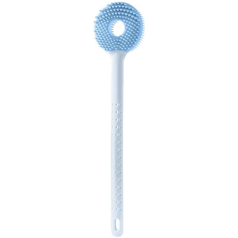 Cepillo de baño 2 en 1 azul con mango largo y cerdas suaves, diseño funcional para limpieza corporal profunda y masaje relajante.