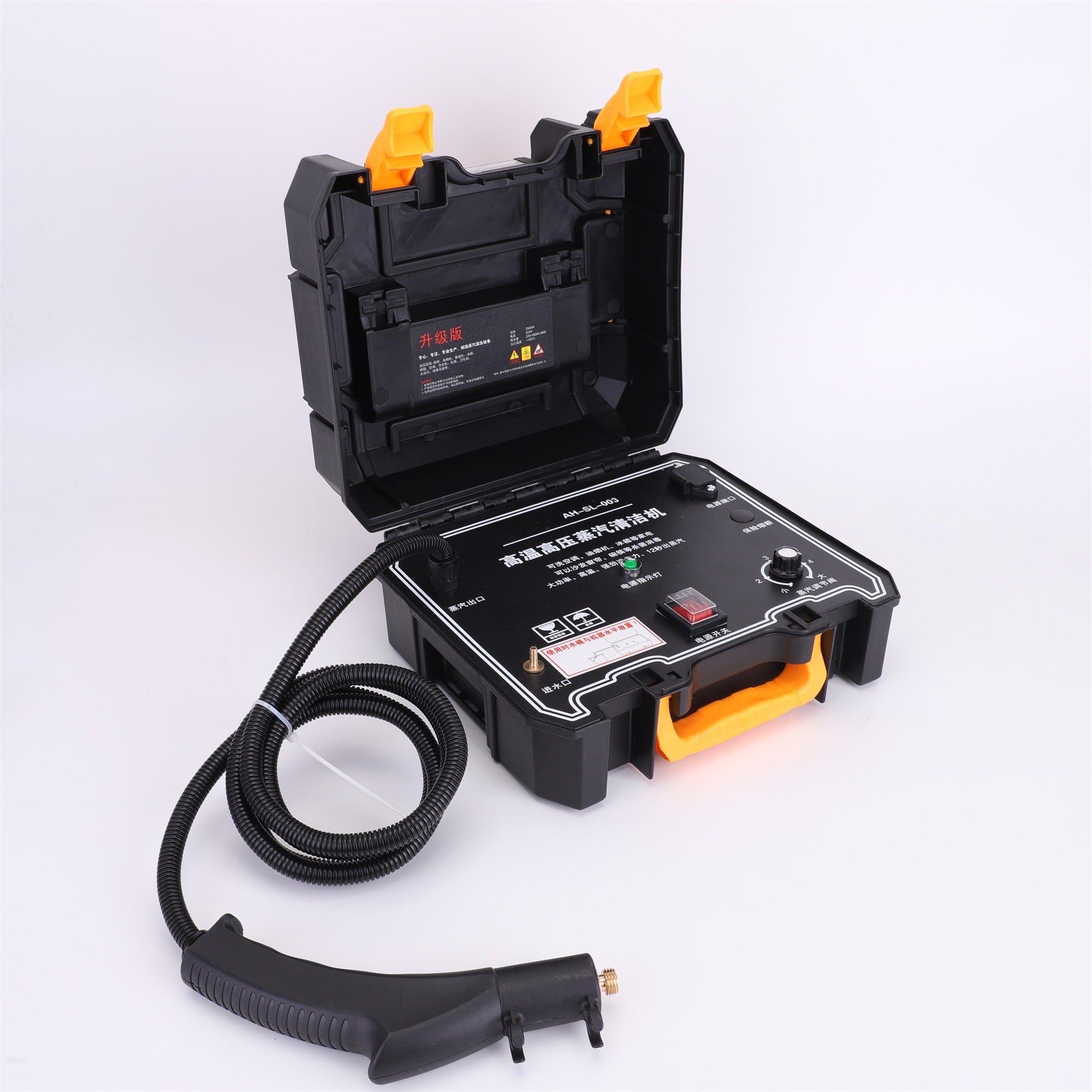 Limpiadora a vapor alta presión tipo maletín todo en uno en color negro con manguera y controles visibles, ideal para limpieza profunda del hogar