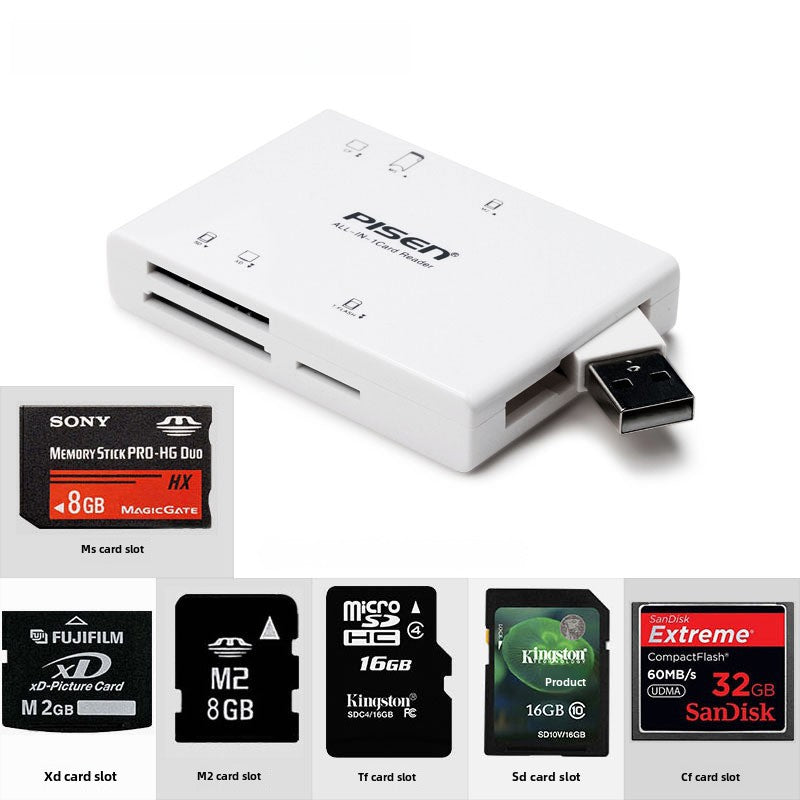 Lector de Tarjetas Todo en Uno Pisen: Mini USB 2.0 para TF, SD, CF y MS