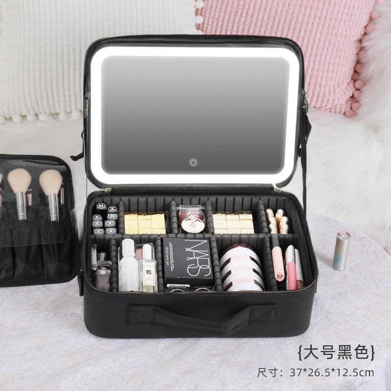 Neceser de maquillaje grande negro con espejo LED y compartimentos organizadores. Perfecto para viajes y maquillaje profesional.