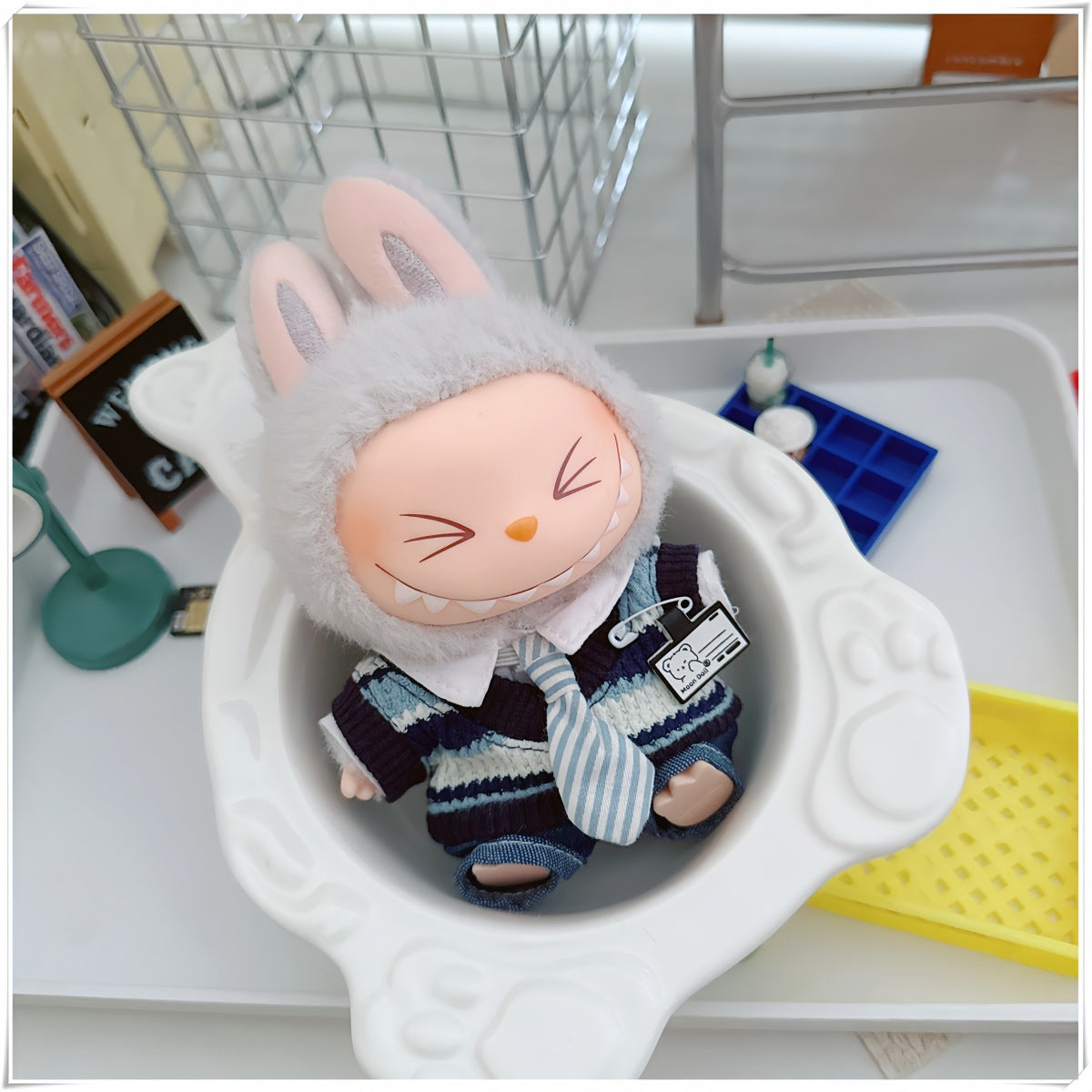 Muñeca de algodón de 10cm Labubu con uniforme de estudiante de 17cm: zapatillas de la familia Mickey