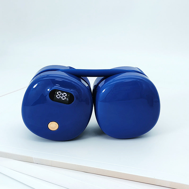 Ventilador portátil USB recargable en color azul con pantalla digital. Diseño plegable y colgante, ideal para refrescarse en cualquier momento.