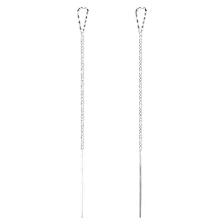 Aretes Enhebrador Largos de Plata Pura S999 con Gota de Agua y Cadena Colgante