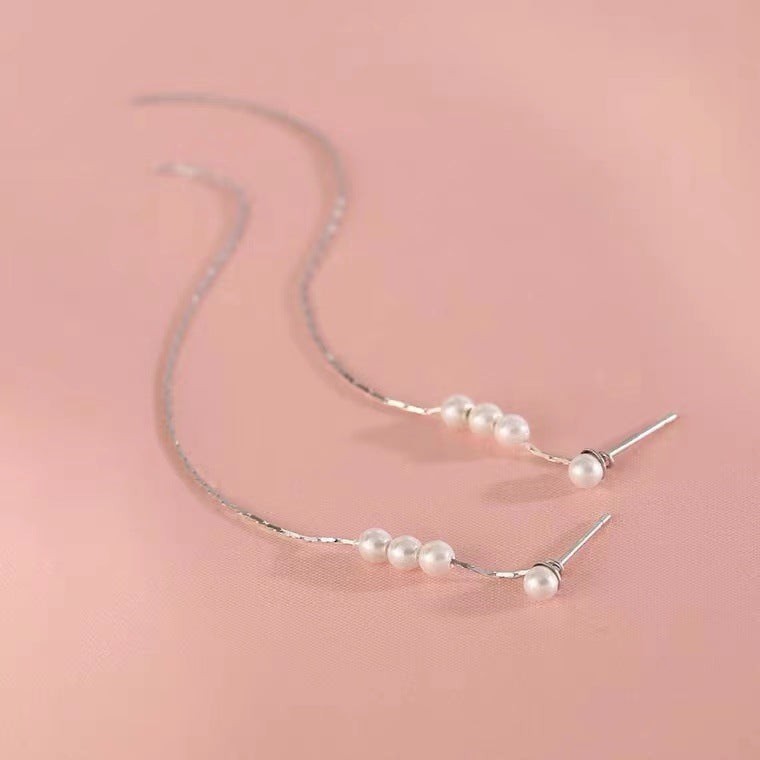 Aretes Largos de Plata 925 con Perlas– Enhebrador Cadena Tipo Serpiente