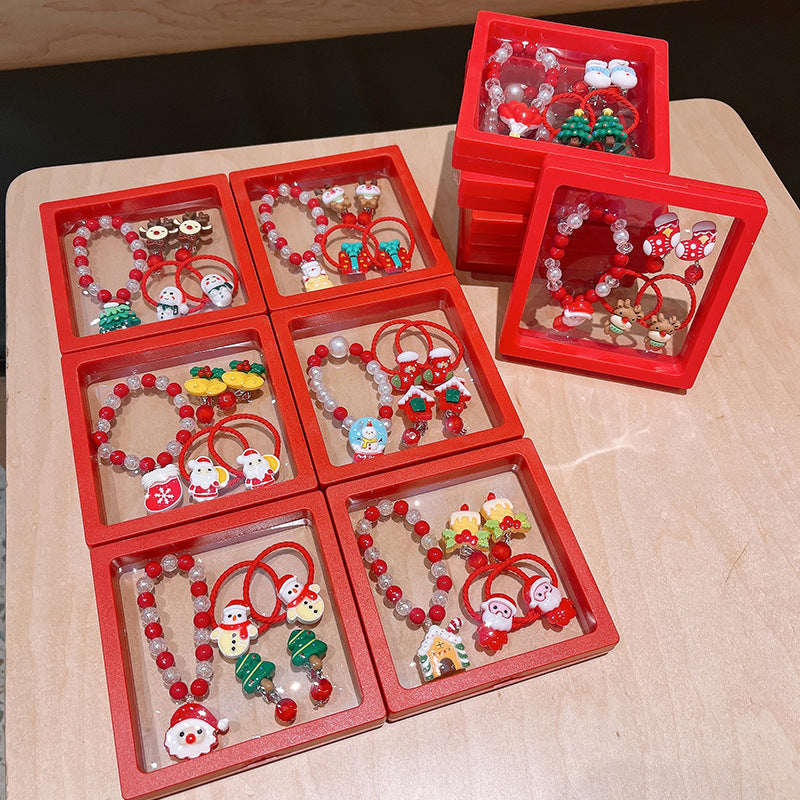 Conjunto Navideño para Niños | Pulseras, Pendientes y Coletas con Diseños de Reno y Santa Claus