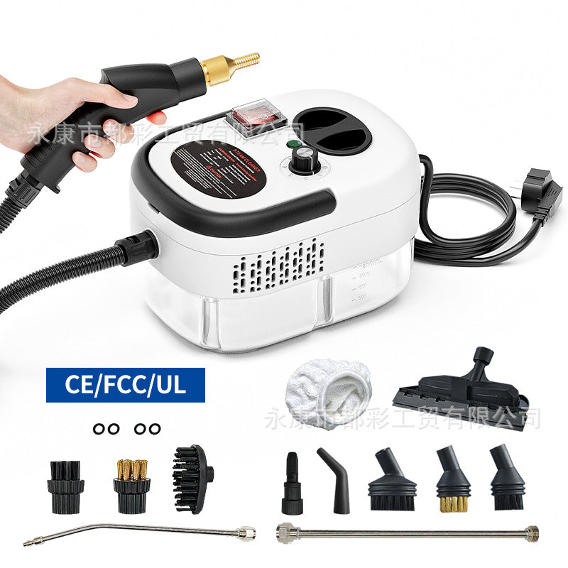 Limpiadora a vapor blanca 2500W con diseño portátil, tanque de 1200ml y set de boquillas para limpieza del hogar