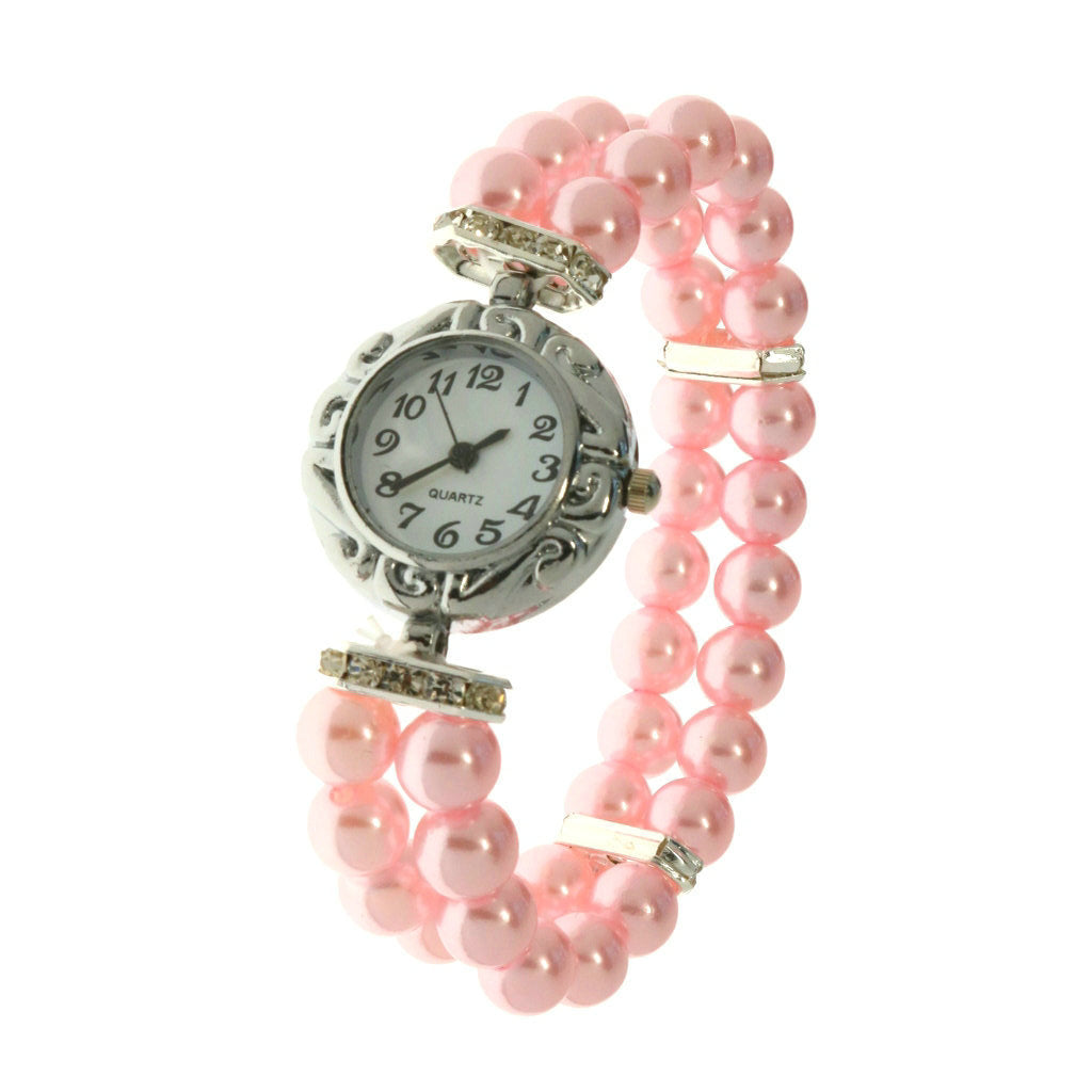 Reloj Femenino de Cuarzo con Pulsera Elástica de Perlas y Piedras Brillantes