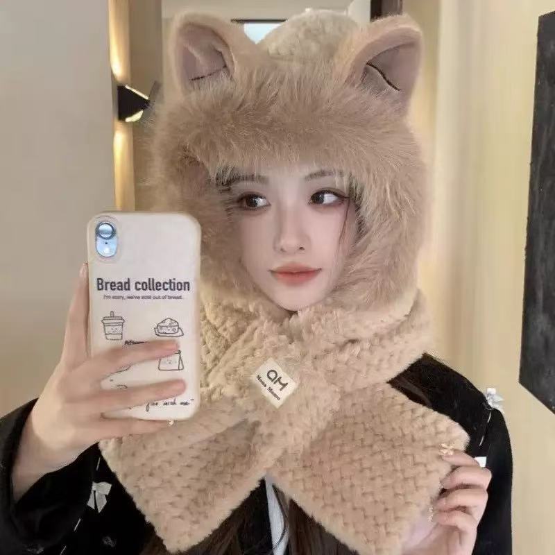 Gorro de Invierno con Orejas y Bufanda Integrada para Mujer Imitación Peluche